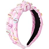 PANTIDE Conversation Heart Jeweled Knotted Headband - Valentine's Day XOXO Love Candy Rhinestone Embellished Headband Wide Top Knot Fashion Hair Accessories Birthday Gift for Women Lover (Pink Plaid)