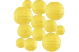 Peywot 12Pcs Round Paper Lanterns Assorted Sizes (6" 8" 10" 12") for Home Decor, Restaurant, Church, Wedding, Birthday Party Decorations, Hanging Chinese Japanese Paper Lantern Lamps (Yellow)