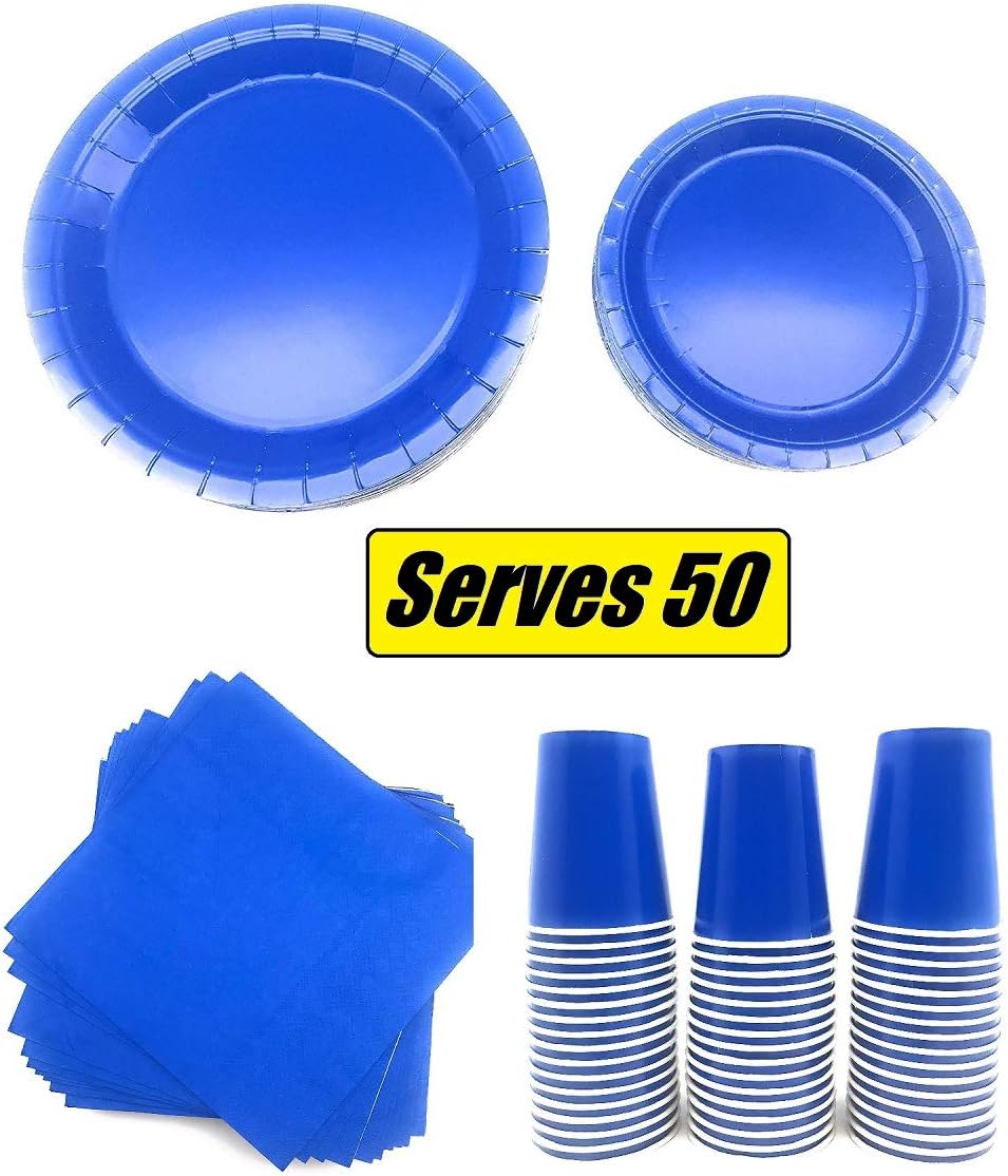 Serves 50 Complete Party Pack Blue 9" Dinner Paper Plates 7" Dessert Paper