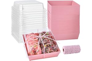 ZORRITA 50 Pack 5 Inch Pink Paper Charcuterie Boxes with Clear Lids, Square To Go Cake Slice Containers Small Bakery Boxes for Dessert, Cookies, Sandwich, Strawberries