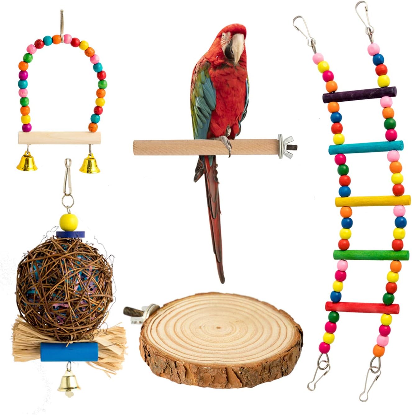 MAIYUAN 5 Pcs Pet Bird Parrot Chewing Toys with Hanging Bells,Wooden Ladder Hammock, Bird Swing Toys for Small Parrots, Parakeets Cockatiels, Conures, Macaws, Lovebirds,Finches