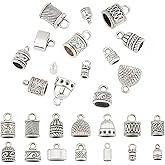 PH PandaHall Cord End Cap, 140pcs 14 Styles Alloy Glue in End Caps Leather Cord End Cap Bead Tube Barrel Loop Clasp for Tassels Earring Bracelet Jewelry DIY Craft Making, Antique Silver
