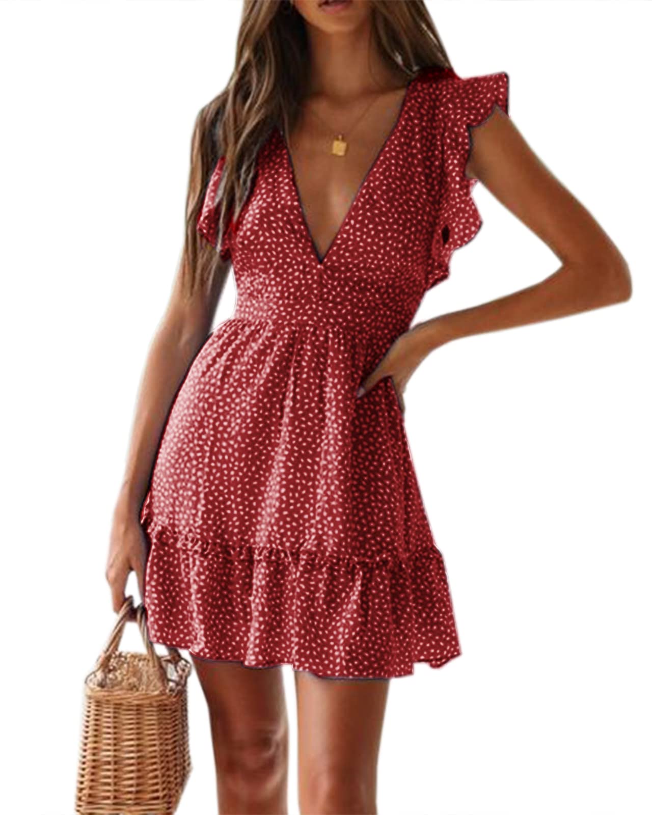 Photo 1 of Women Floral Mini Dress Flowy V Neck Ruffle Flutter Sleeve Swing Polka Dot Summer Dresses