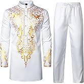 ZEROYAA Men's Africa Suit Long Sleeve Print Dashiki and Pants Outfit Traditional 2 Piece Set
