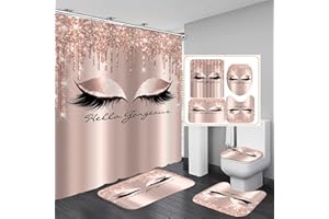 AZHM 4PCS Eyelash Shower Curtain Set Hello Gorgeous Bathroom Decor Set Pink Rose Gold Waterproof Bathroom Curtains Shower Set with Rugs and Accessories