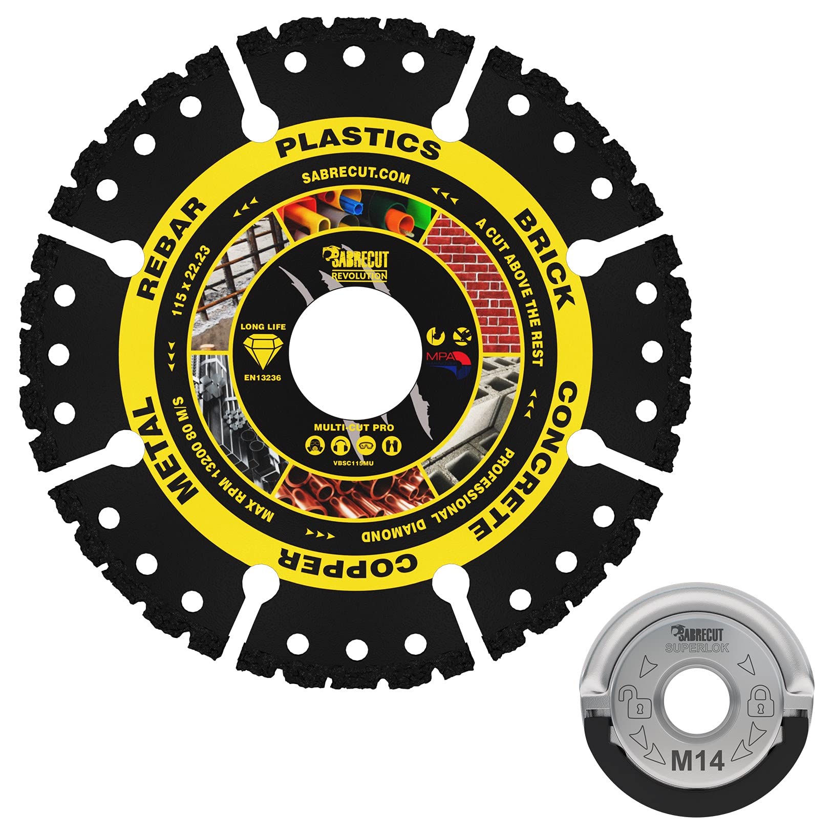 SabreCut VB115MUGRB 115mm (4.5 inch) x 22.23mm Bore Vacuum Brazed Multi Material Cutting Angle Grinder Diamond Disc Blade and 45mm M14 Quick Change Heavy Duty Grinder Locking Retaining Flange Nut Kit
