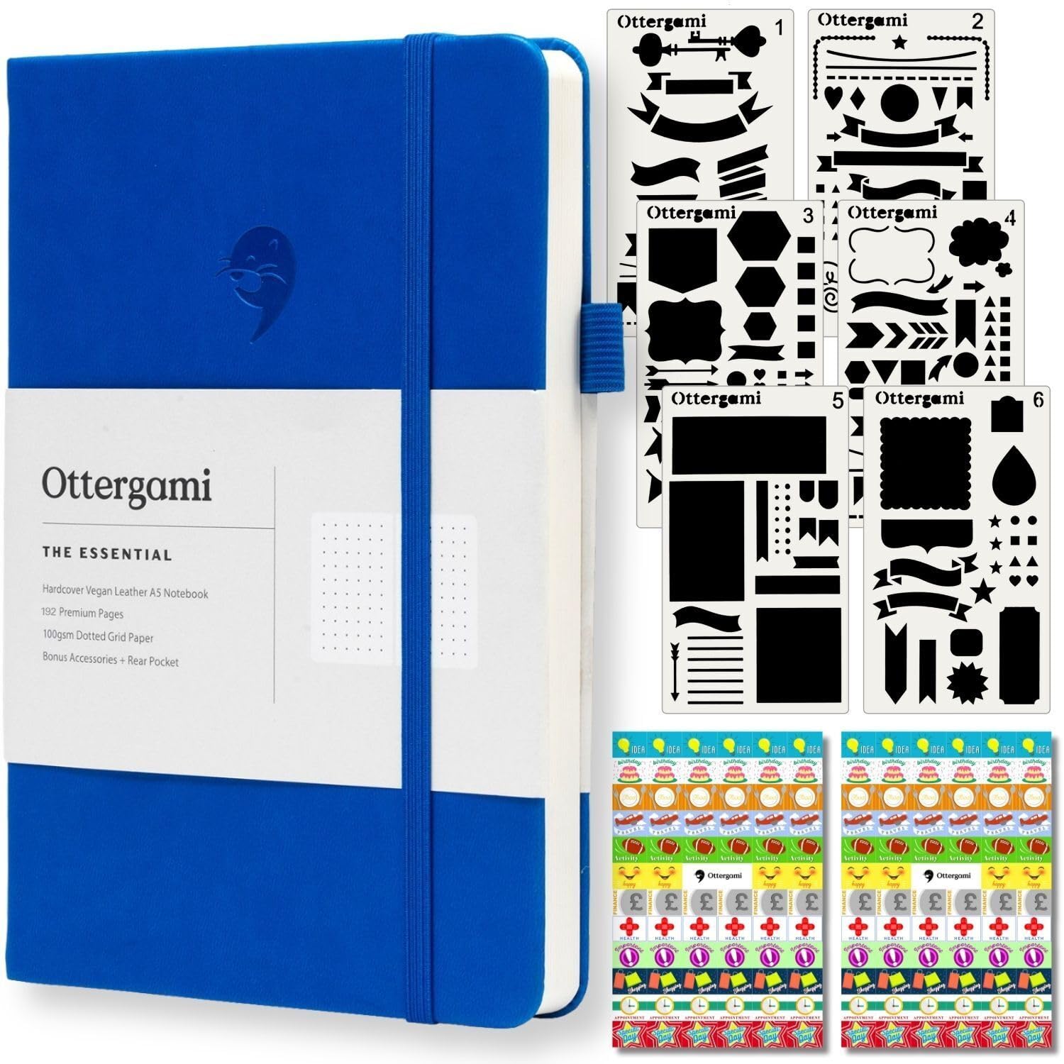 Ottergami Bullet Dot Journal A5 Notebook. Deluxe Journal Notebook + Stickers for Scrapbooking. 6 Stencils for Bullet Journaling. 100gsm A5 Paper Dotted Notebook. The Essential