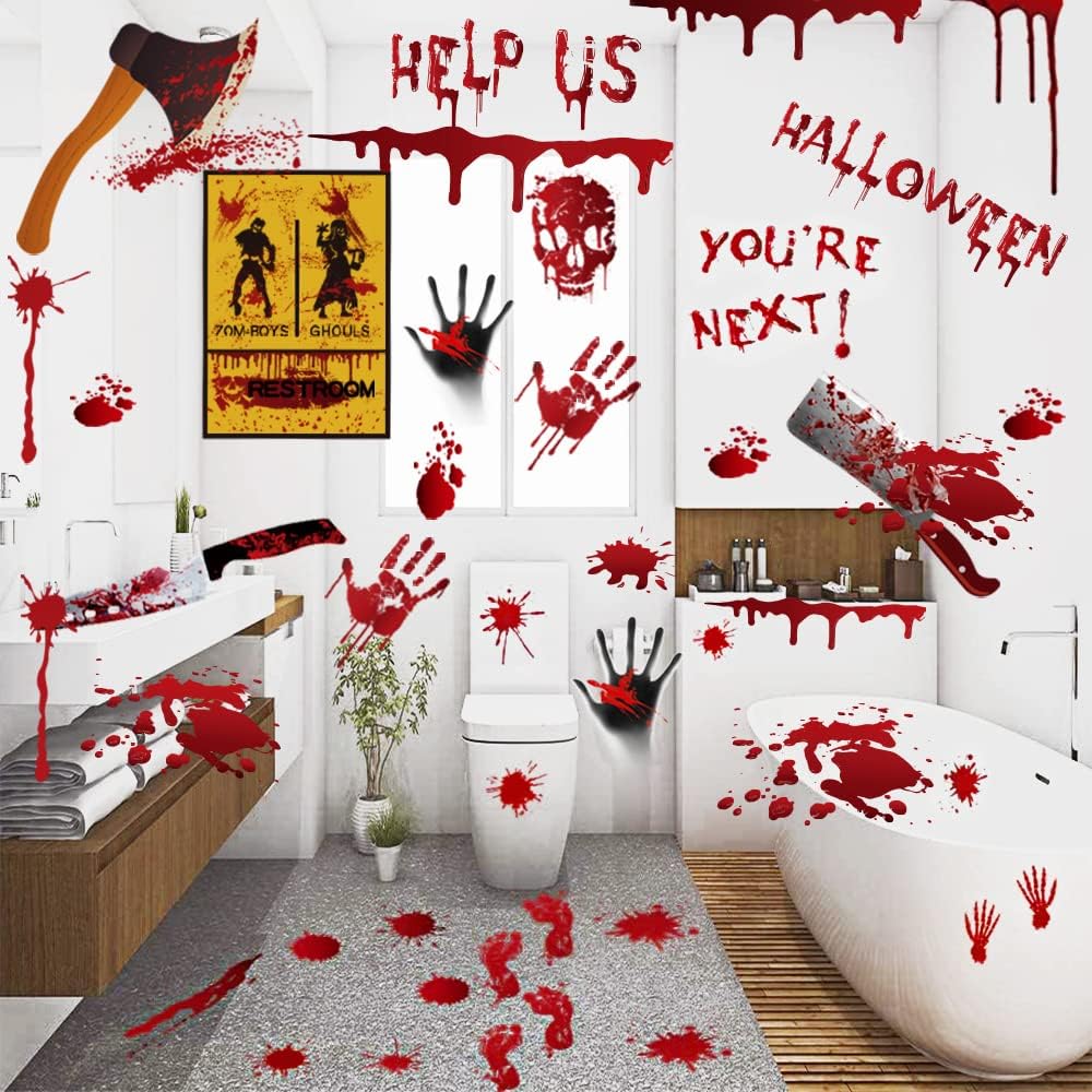Window Treatments - Yunfan 84Pcs Handprint Footprint Halloween Decorations Window Stickers Clings Floor Decals Restroom Zombie Bathroom Stickers Halloween Party Decor,8 Sheets