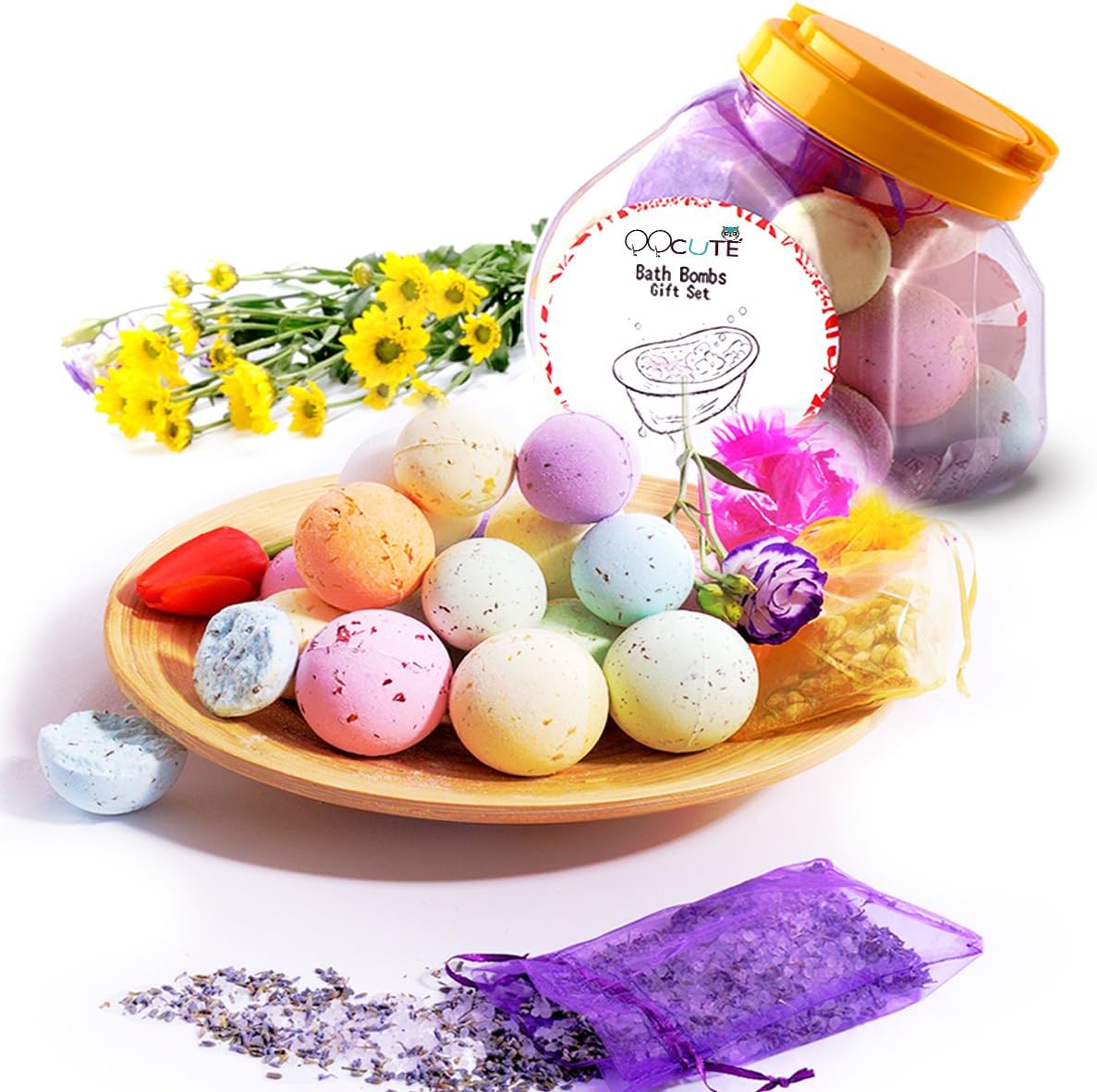 QQCute Bath Bombs Kit Best Family Spa Set, Pack of 18 Bath Fizzies with Natural Ingredients for Moisturizing Dry Skin, Including 3 Organic Dried Flower Petals Bags, Add to Bubble Bath