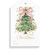 Teling 50 Pcs Christmas Gift Tags with String Pink Bow Merry Christmas Paper Gift Tags Xmas Hanging Label for Happy Holiday for Presents, Modern Paper Xmas Label(Pink Bow)