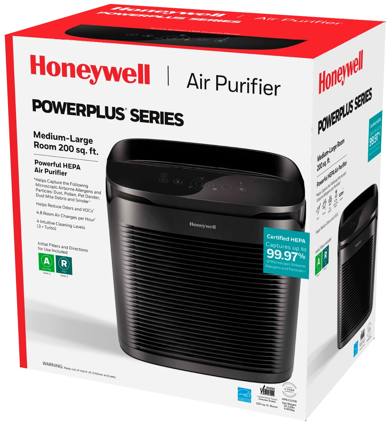 Honeywell PowerPlus HEPA Air Purifier for Home, 968 Ft² Rooms in 1 hour, Reduces Allergens, Dust, Pollen, All Smoke Types, Pet Dander and Odors, Black, HPA3100