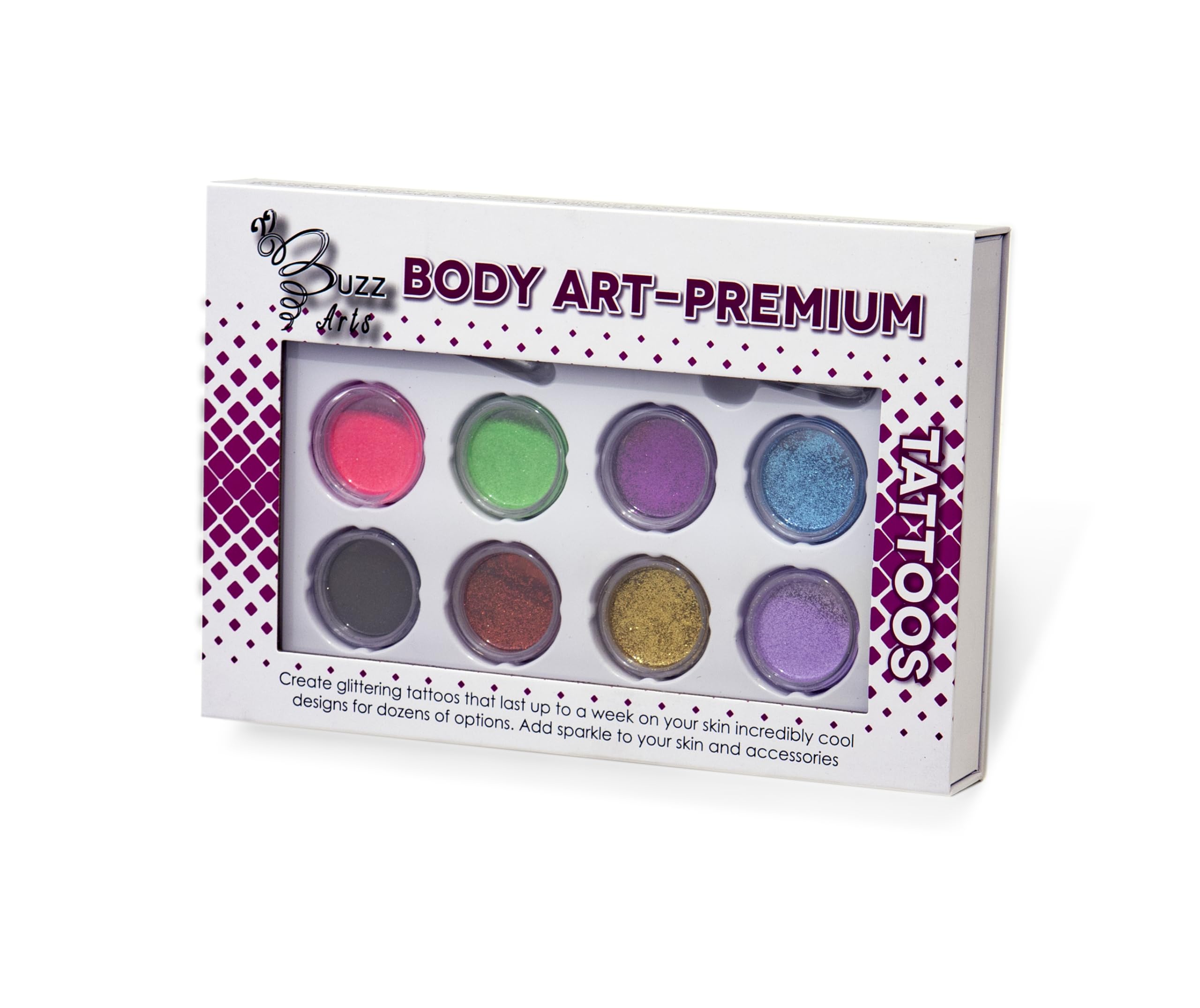 Body Art Premium Tattoos – Glitter Tattoo Kit with 8 Vibrant Colors, Long-Lasting Temporary Body Art for Kids & Adults, Easy to Apply
