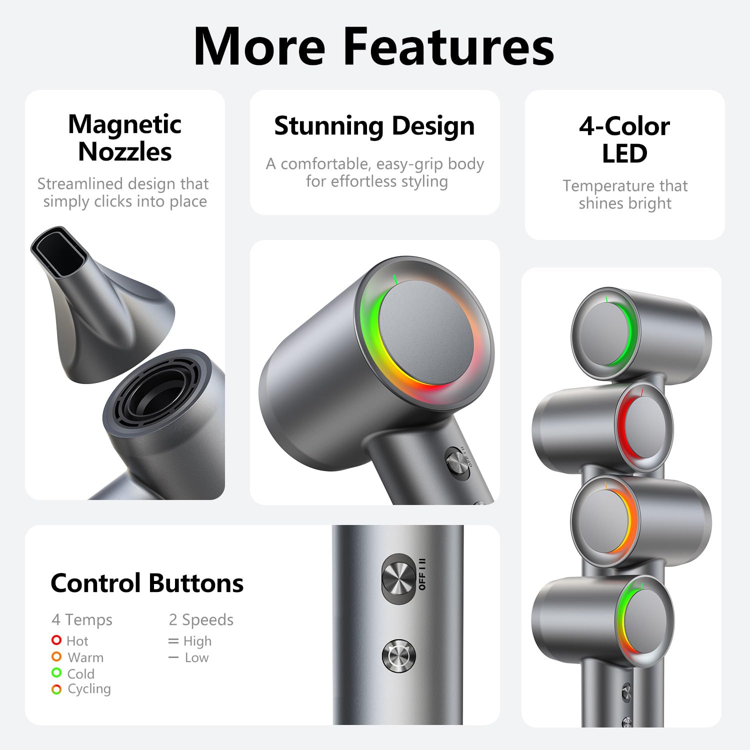 Hair Dryer - 1 Min Fast Drying, High-Speed Blow Dryer with 500 Million Negative Ions, No Heat Damage, Low Noise, Lightweight, Professional Hairdryer with Diffuser & Nozzle, Gunmetal