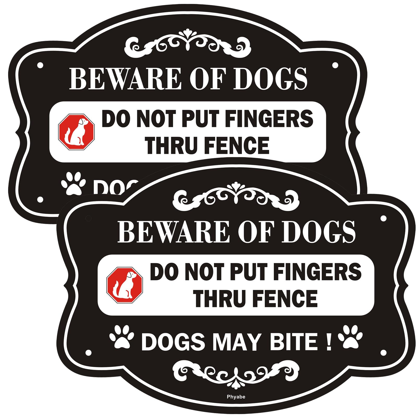Phyabe 2 Pack Beware of Dog Sign for Fence, Do Not Put Finger Thru Fence. 10 x 7 Inch Rust-Free Aluminum, Weather-Resistant, Waterproof, Durable Ink, Easy to Install