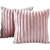 ANIS·KEAAR 2Pcs 18x18 Inch Faux Fur Striped Pillow Covers – Luxury Soft Fluffy Decorative Cases with Velvet Back, Blush Pink Home Decor for Sofa, Couch, Bed, Living Room & Fall