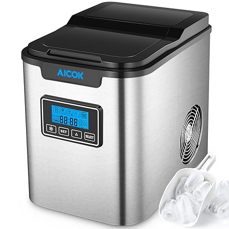 Eiswürfelmaschine Aicok / Edelstahl Eismaschine / 12kg Eis pro Tag / 9 Eiswürfeln in 6-12 Minuten / 3 Eiswürfel-Größen / 2.2L