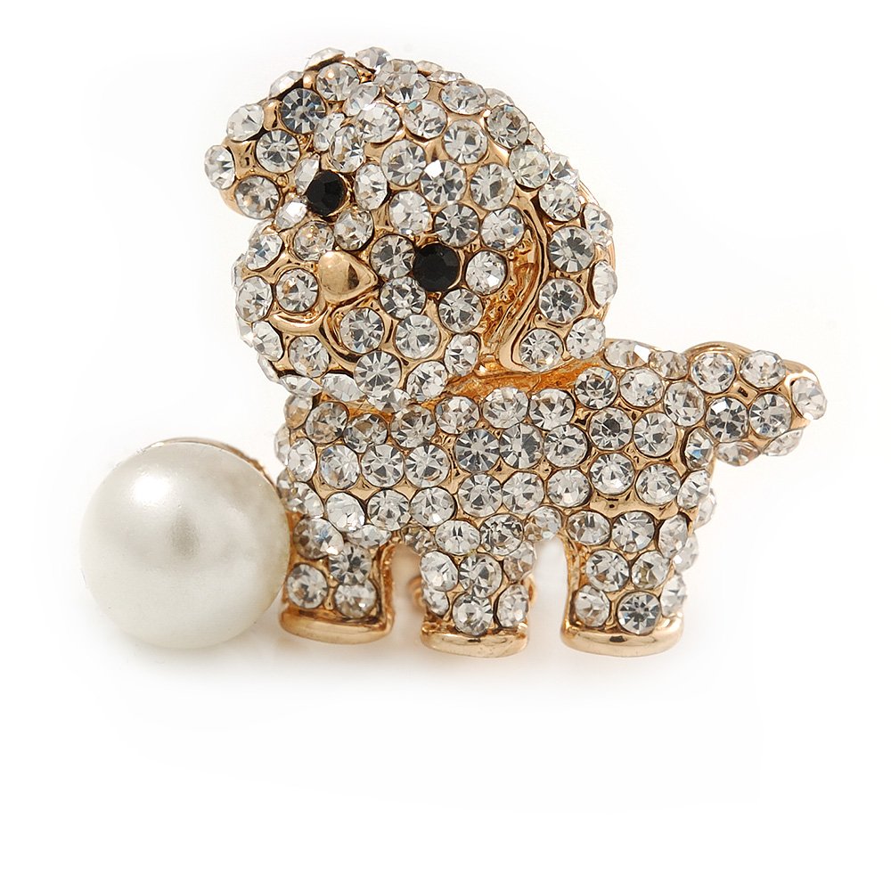 Cute Crystal Puppy Dog with Pearl Ball Brooch - 30mm
