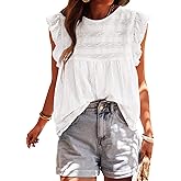 PRETTYGARDEN Women's Summer Cute Tank Top Crewneck Ruffle Sleeveless Hollow Out Eyelet Lace Spring Blouse Shirts