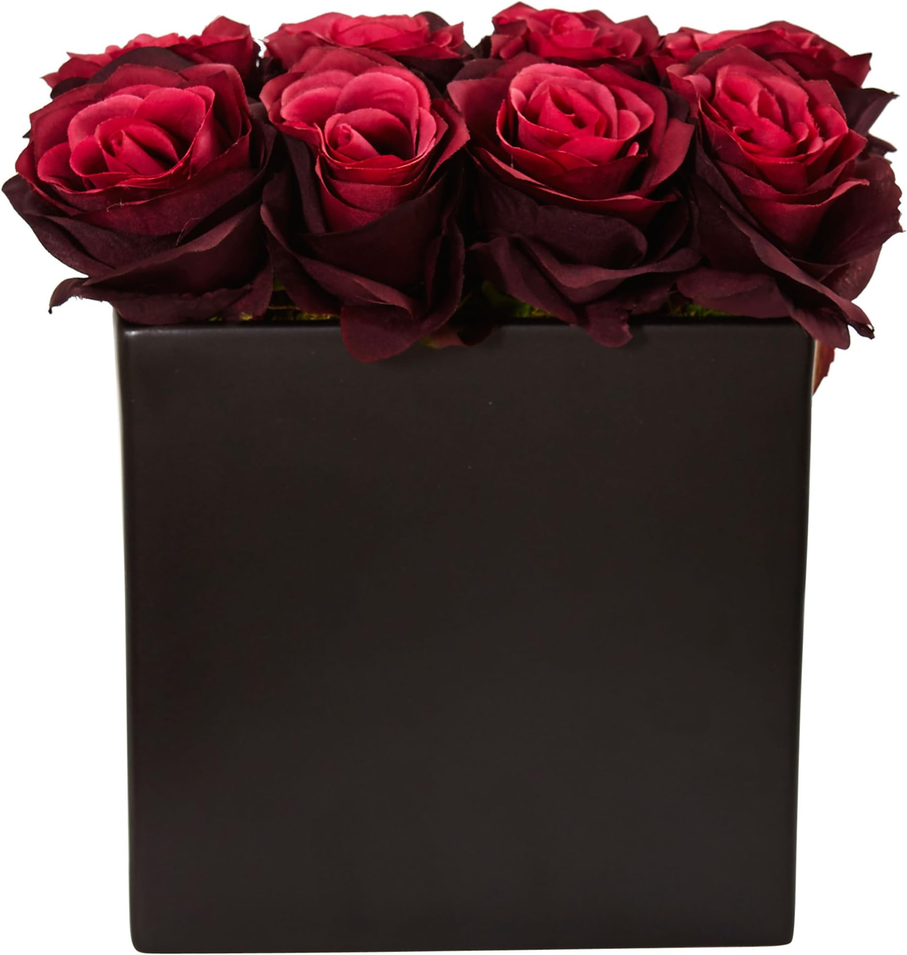 Nearly Natural 1 Roses Silk Arrangement in 9" H Black Vase, Burgundy