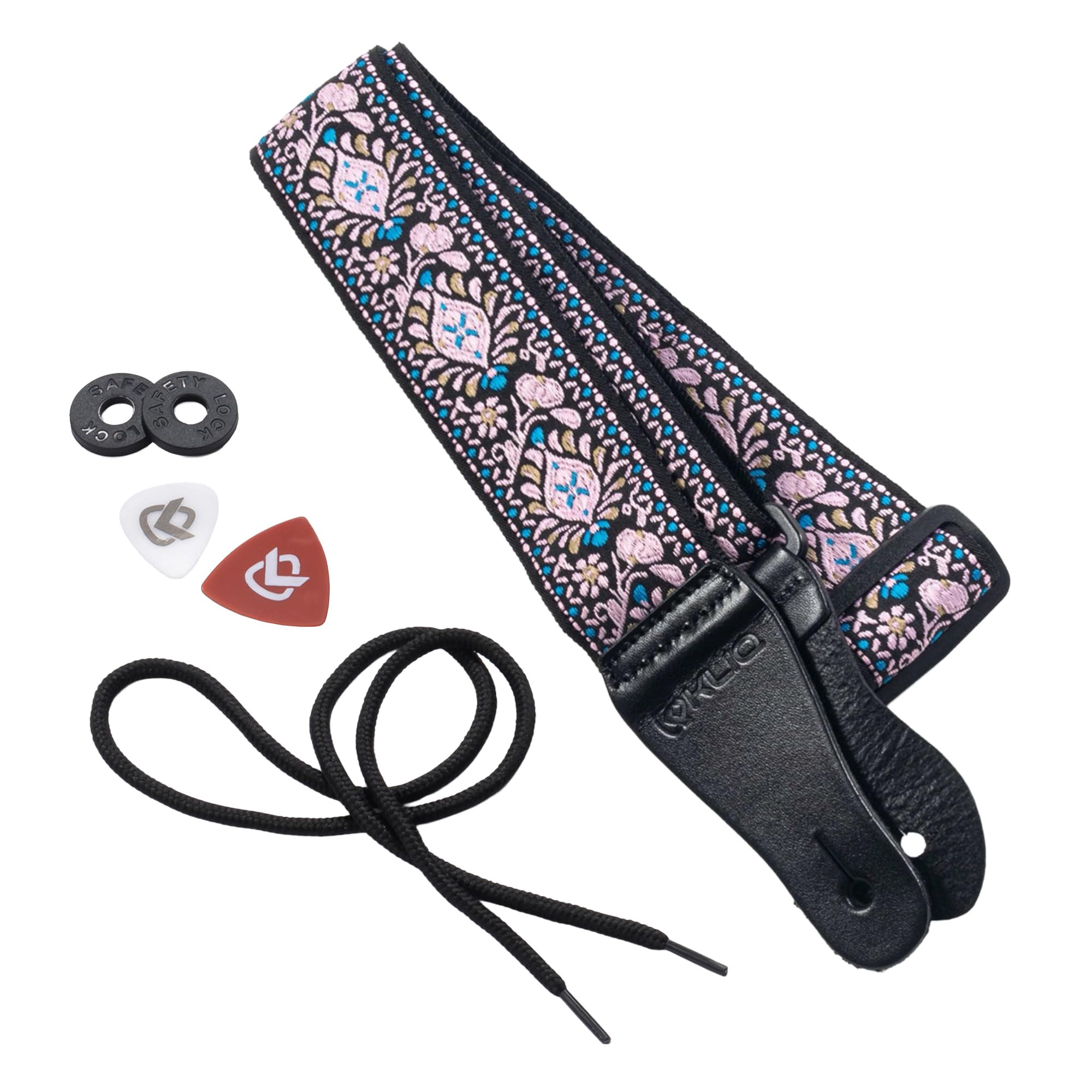KLIQ Vintage Woven Guitar Strap for Acoustic and Electric Guitars + 2 Rubber Strap Locks, 2 Guitar Picks and 1 Lace | '60s Jacquard Weave Hootenanny Style | Placid Pink