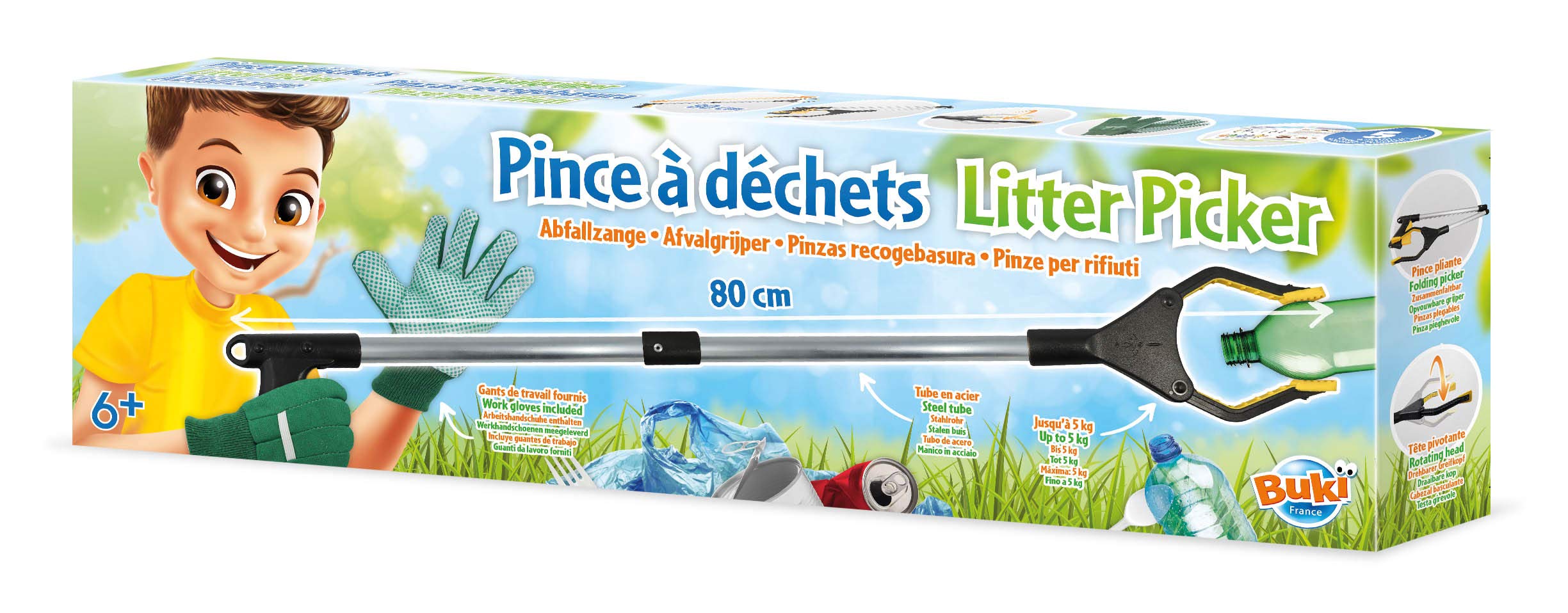 Buki France BN013 - Litter Picker - 80cm Rubbish & Litter Picking Set. Grabber Stick Tool. Includes Work Gloves and 5 Activities for Kids. Gift Suitable for Boys & Girls 6 years and over