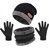 Winter Beanie Hat Scarf Glove Set for Women Snow Knit Thick Fleece Lined Ski Hat,Mens Warm Neck Warmer Touchscreen Mittens