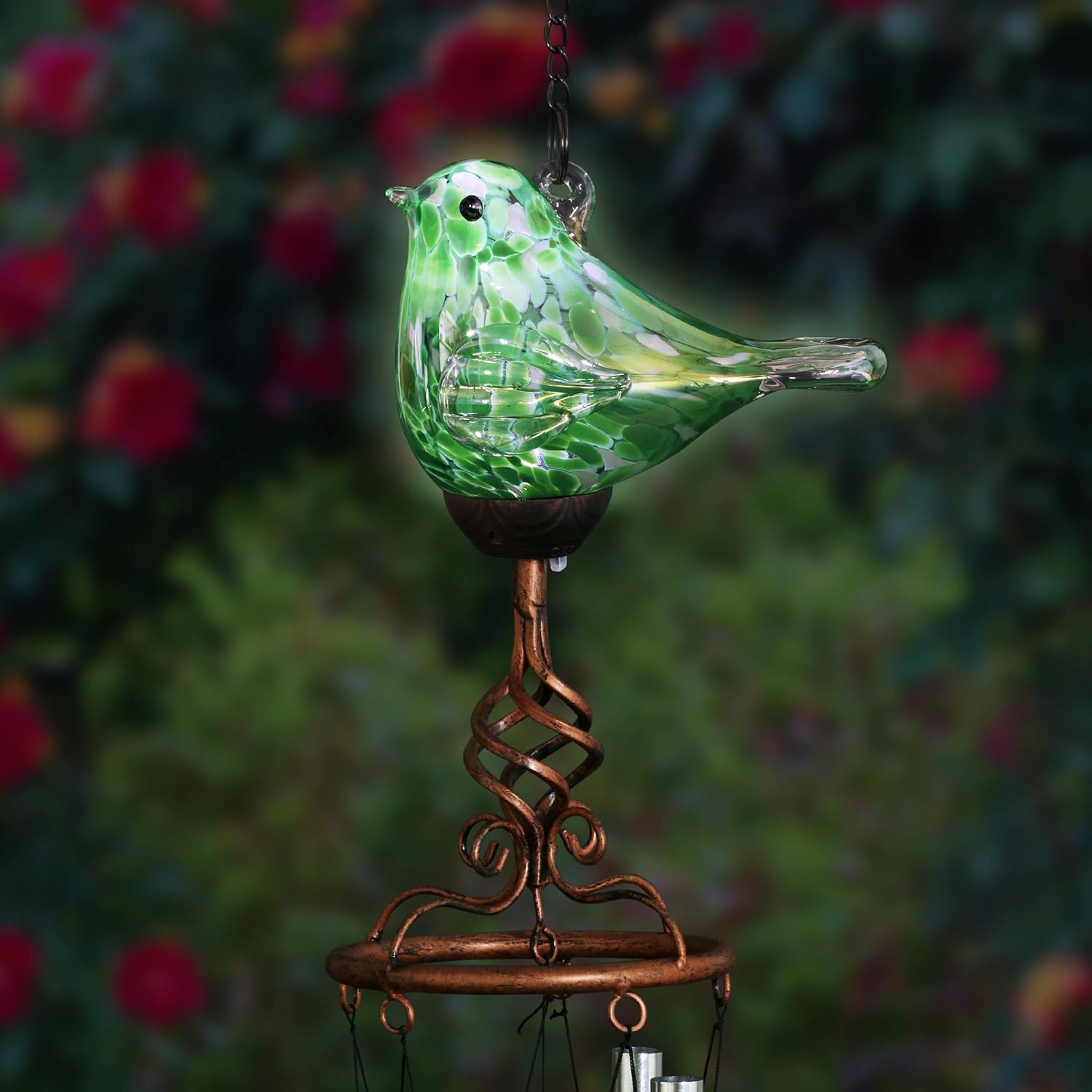 Exhart Solar Green Glass Bird Spiral Finial Wind Chimes