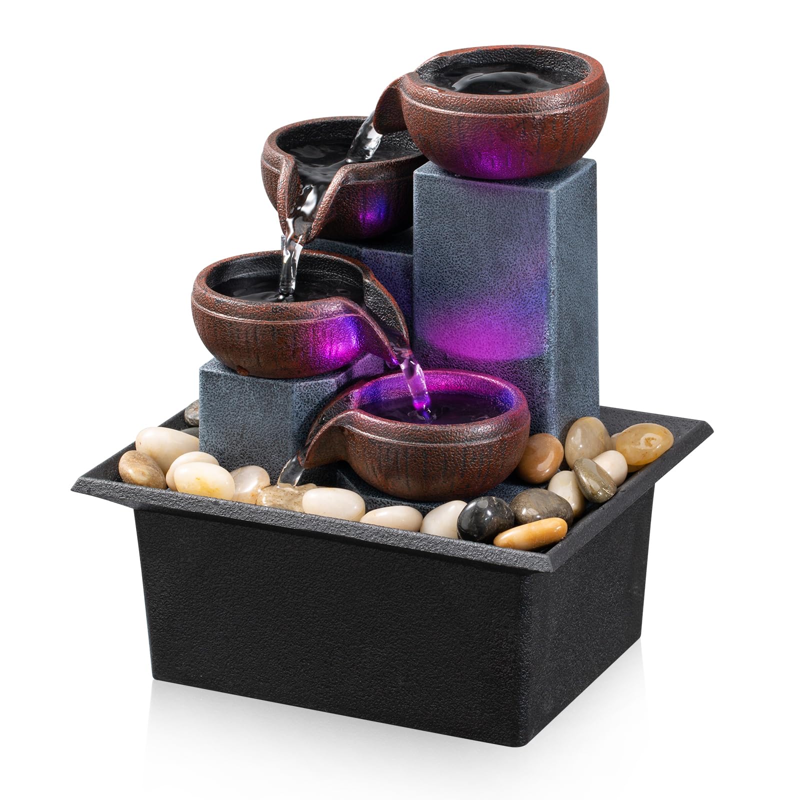 Photo 1 of Tabletop Fountain 4 Level Small Waterfall Fountain Indoor Relaxing Water Feature Meditation Fountain for Home Office Bedroom Decoration Including LED Color Lighting and Natural Rocks