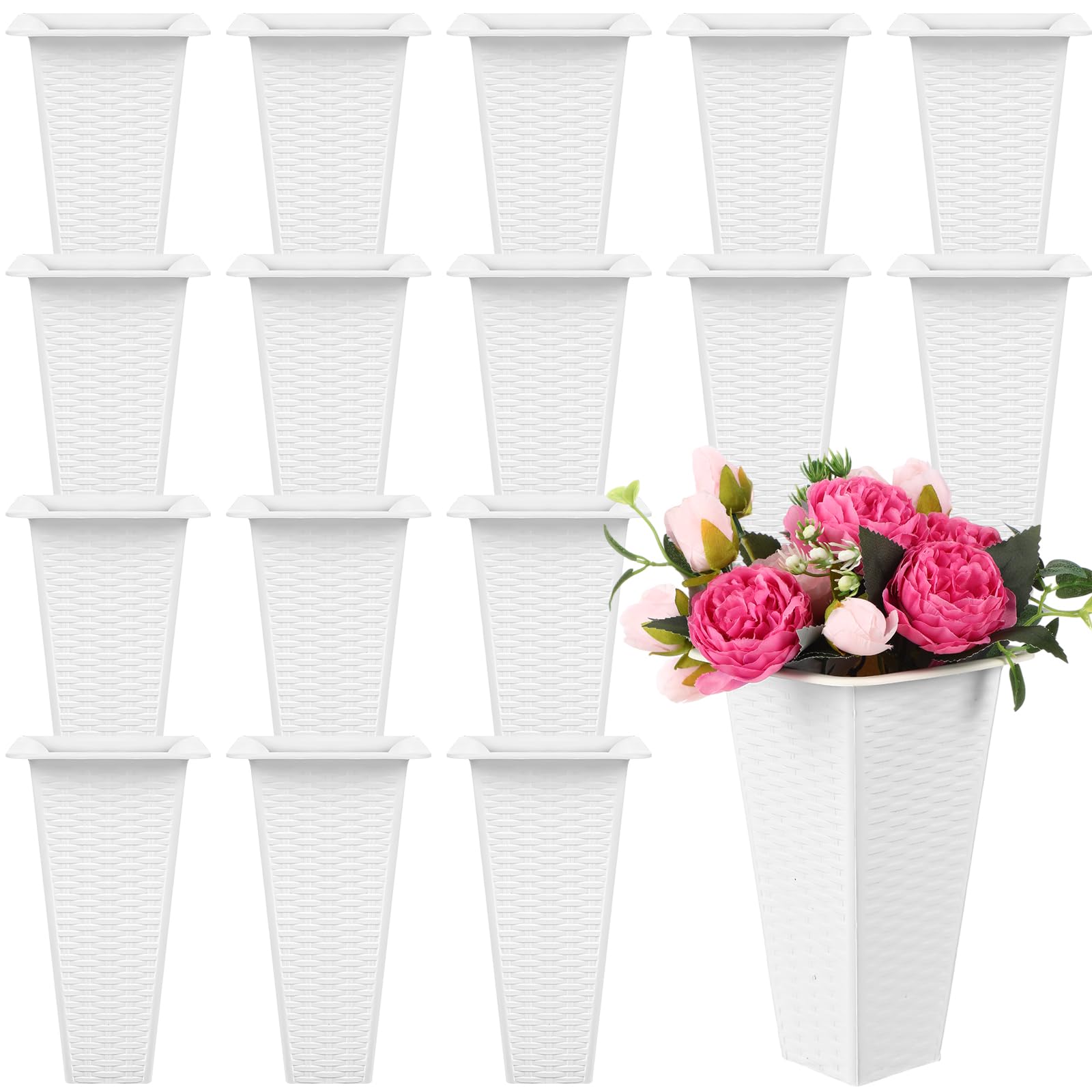 Photo 1 of GlikCeil 20 Pack Plastic Flower Buckets 7.87 Inch Floral Buckets for Cut Flowers Modern Square Vases for Centerpieces Floral Display Vases for Wedding Home Florist Bar Supplies, White