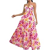 SHENHE Women's Deep V Neck Tie Knot Backless Halter Dress A Line Flowy Ruffle Maxi Dress