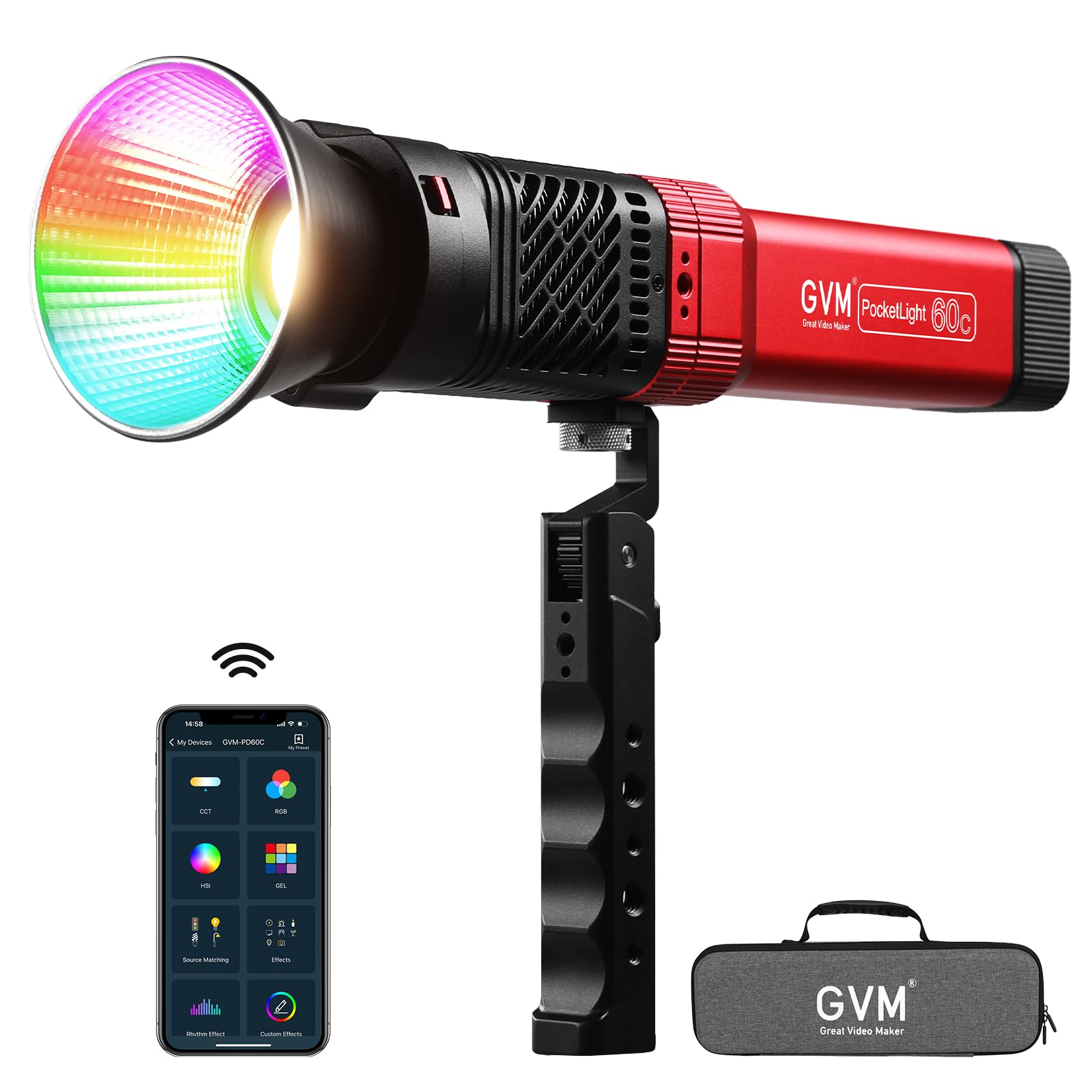 GVM PD60C RGB Video Light, 60W COB Photography Lighting, Portable Studio Light for Photographers, IP65 Water Resistant Handheld Spotlight with Bluetooth Control, 2700-6800K, 34200lux/0.5m