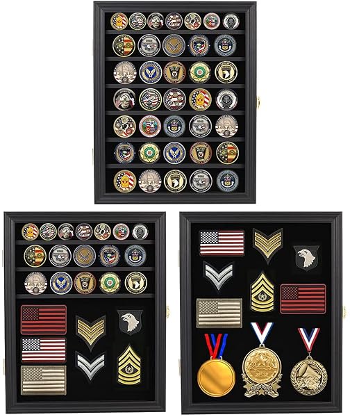 VERANI MEDALS DISPLAY CASE WALL FRAME FOR COLLECTOR, MILITARY CHALLENGE COINS HOLDER, PINS, LOCKABLE SHADOW BOX WITH REMOVABLE SHELVES BLACK