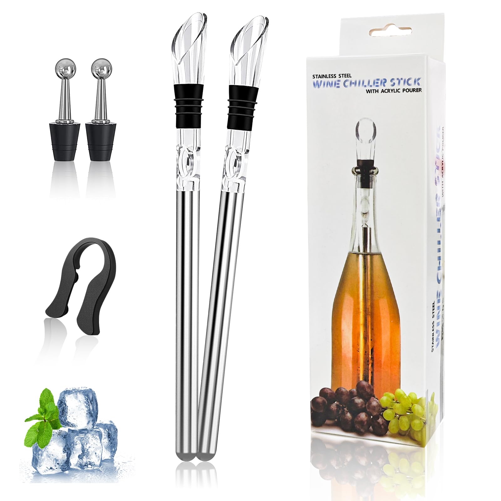Alitade 2-Piece 4-in-1 Premium Wine Cooling Rod with 2 Sticks, Pourer, Bottle Stopper, Maximum Cooling Thanks to Special Glycerol, Suitable for Any Bottle Size