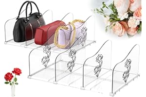 SURETIVIAN 2-Pack Rose Purse Organizers for Closet, Adjustable Large Shelf Divider Rack, Clear Handbag Storage Organizer, Plastic Bookshelf Separator Divider for Bedroom Living Room Office