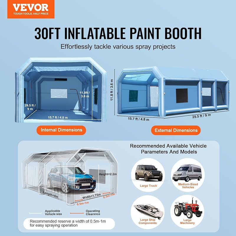 Cabine de Peinture Gonflable 9x4,8x3,6 m, Tente Peinture Gonflable Automobile avec Souffleurs Puissants de 950 + 750 W et Système de Filtration, Station de Travail pour Pose de Peinture Atelier