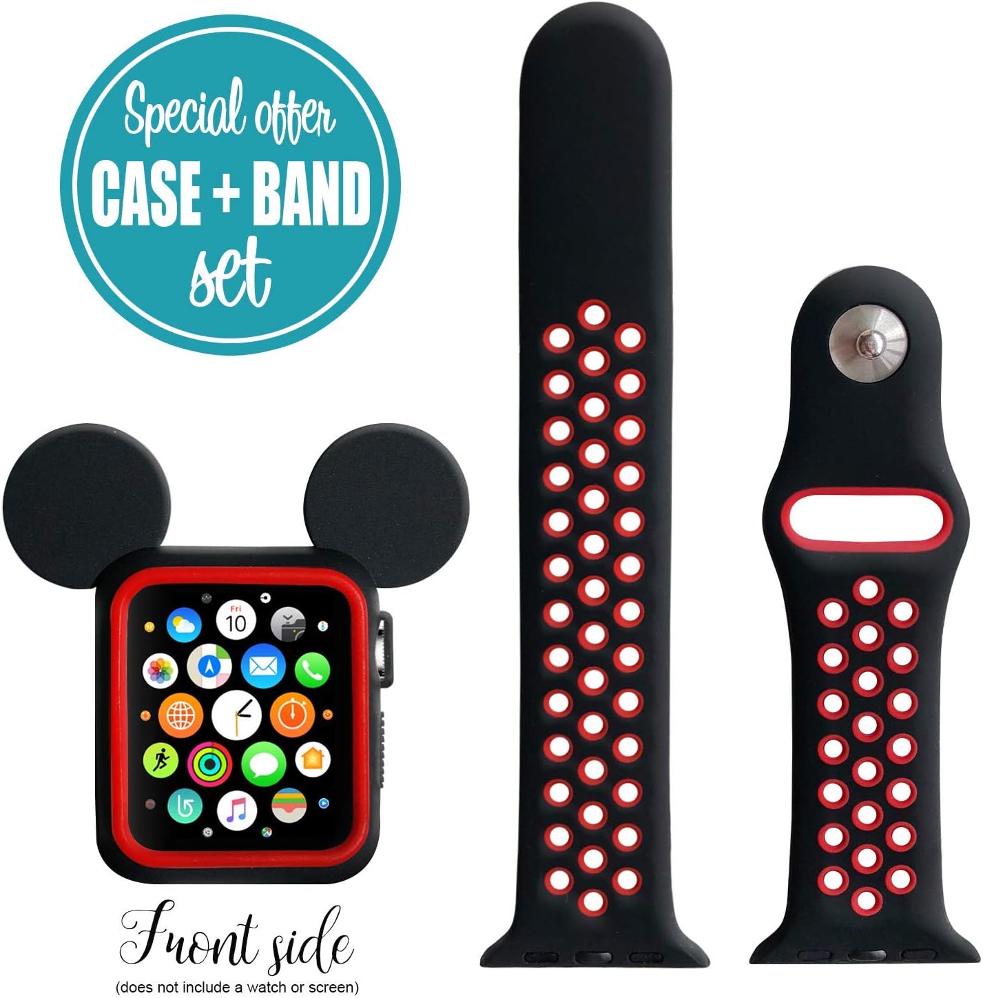 PrintCase Set Soft Silicone Protective Case Compatible with Apple Watch 38mm 42 mm Series 1 2 3 Cute Mouse Ears and Iwatch Silicone Band (42 mm)