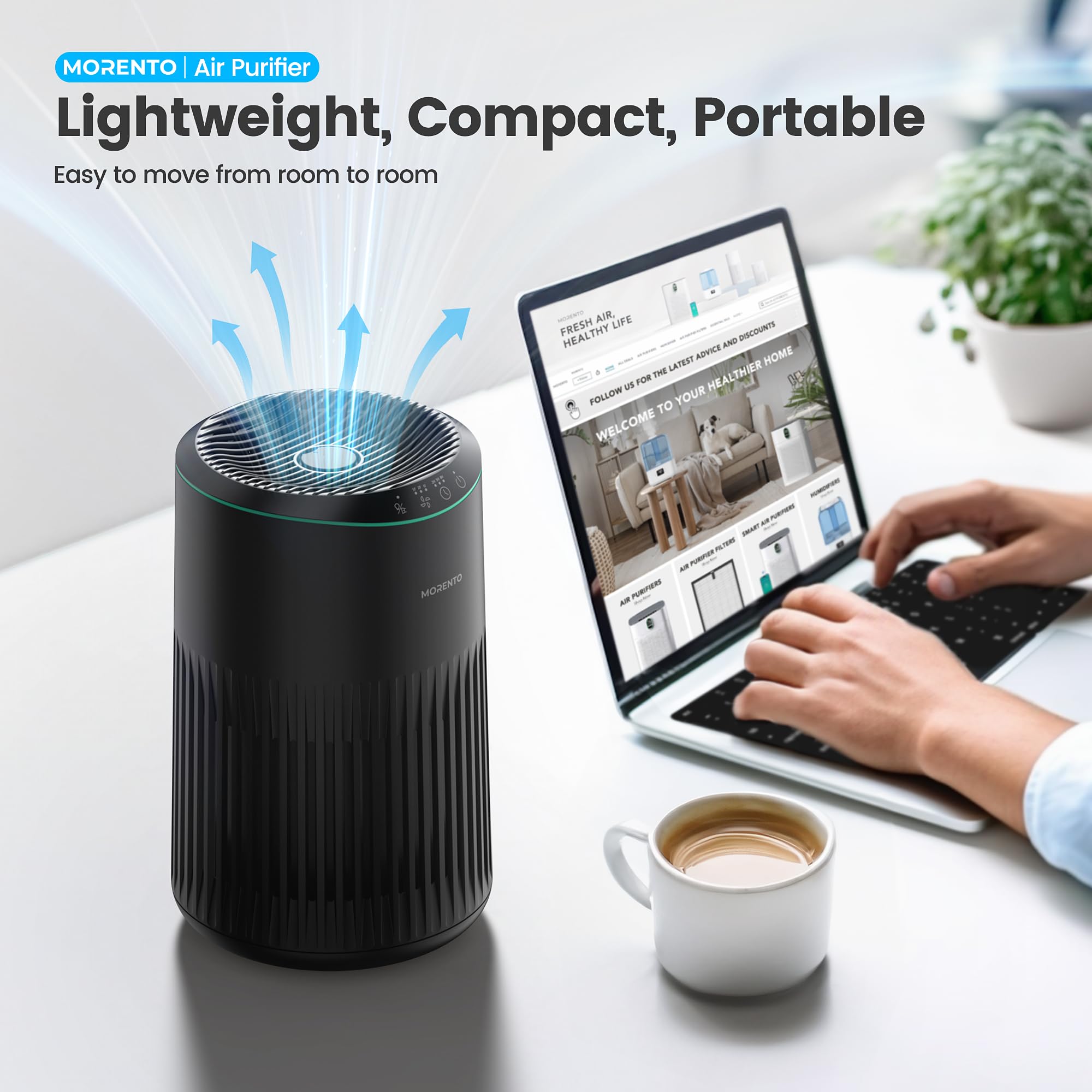MORENTO Air Purifiers for Home, Air Purifier for Smoke Pet Dander Odors with Fragrance Sponge, Small Air Purifier with Sleep Mode for Bedroom Office, Blue Ambient Light, MR2566, Black, 1 Pack+3 Modes