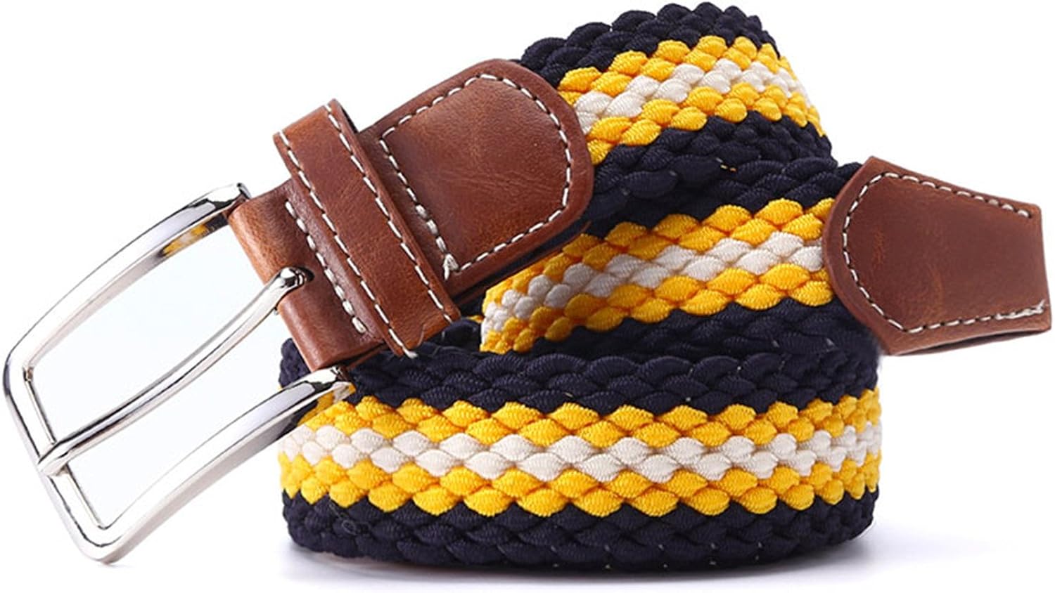 Woven Stretch Belt 1-3/8" Wide New Elastic Canvas Belt Men Casual Elastic Strap Silver Buckle