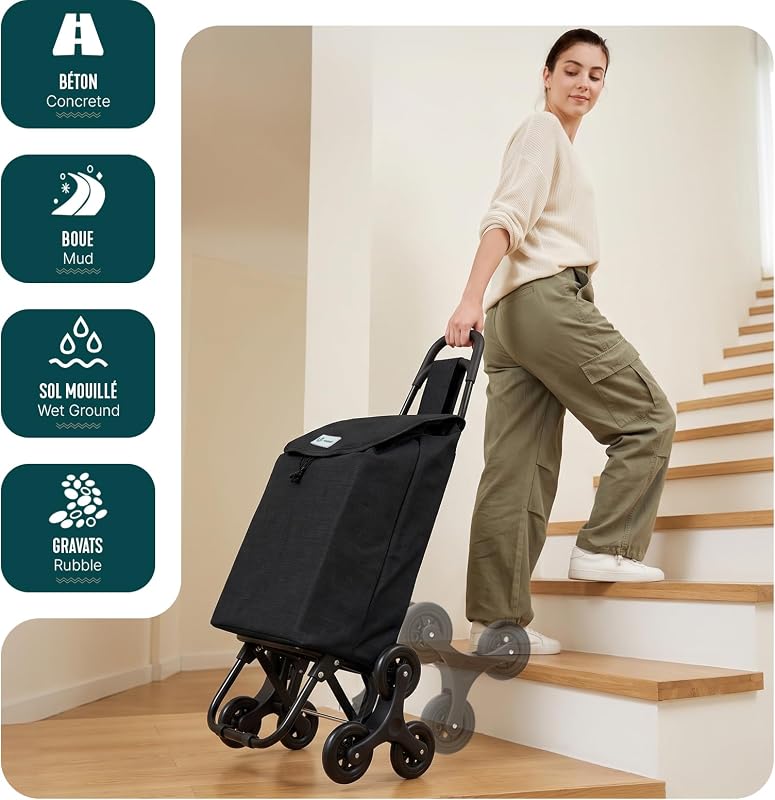 ® Carro de la Compra con 6 Ruedas para Subir Escaleras, Carrito de la Compra Plegable, Bolsa Impermeable de 32 L, Negro