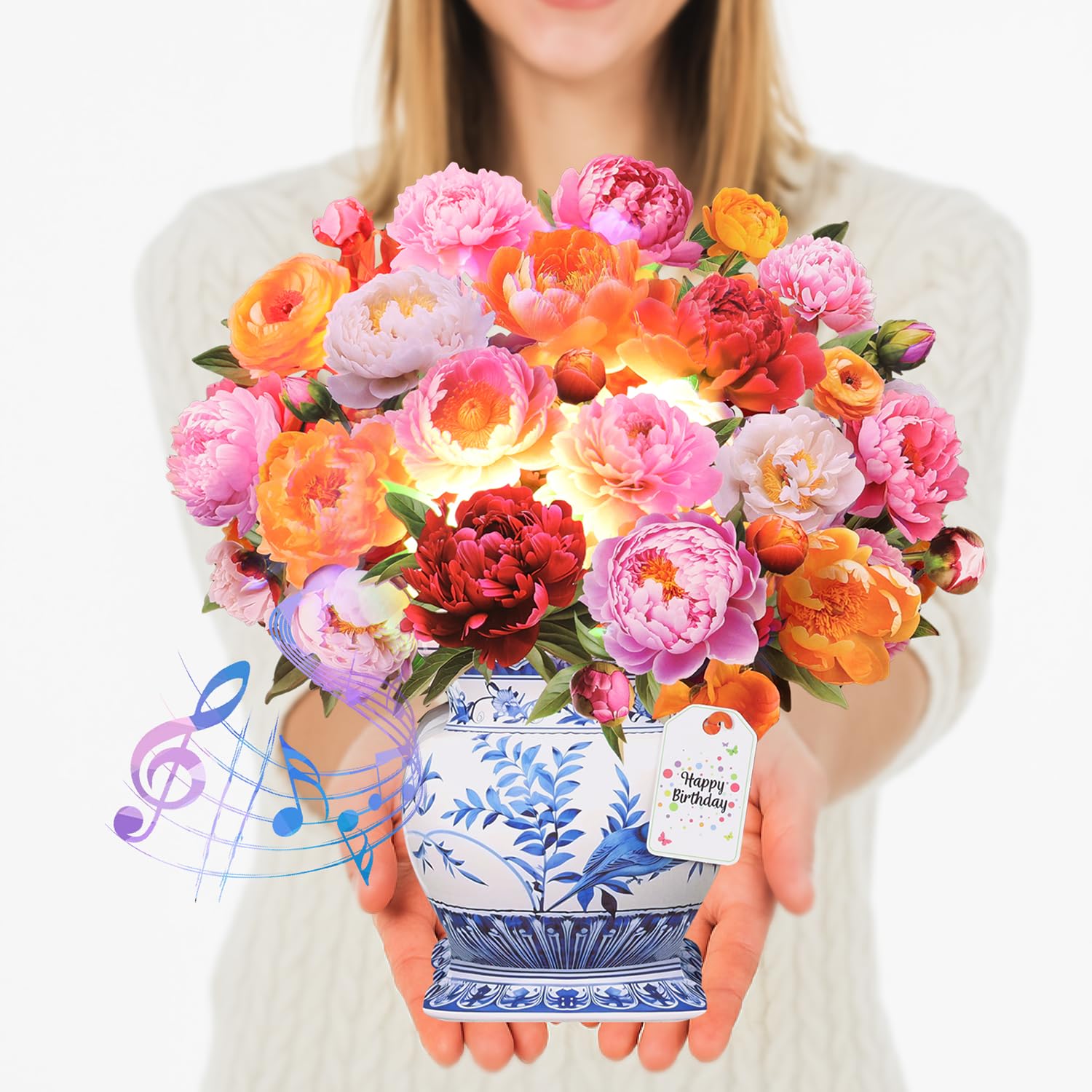 Photo 1 of CUISH Pop Up Birthday Card with Music and Lights Life Sized 3D Paper Flower Bouquet – Greeting Card for Women, Mom, Wife, Daughter, Grandma – Birthday Gift with Envelope - Peony