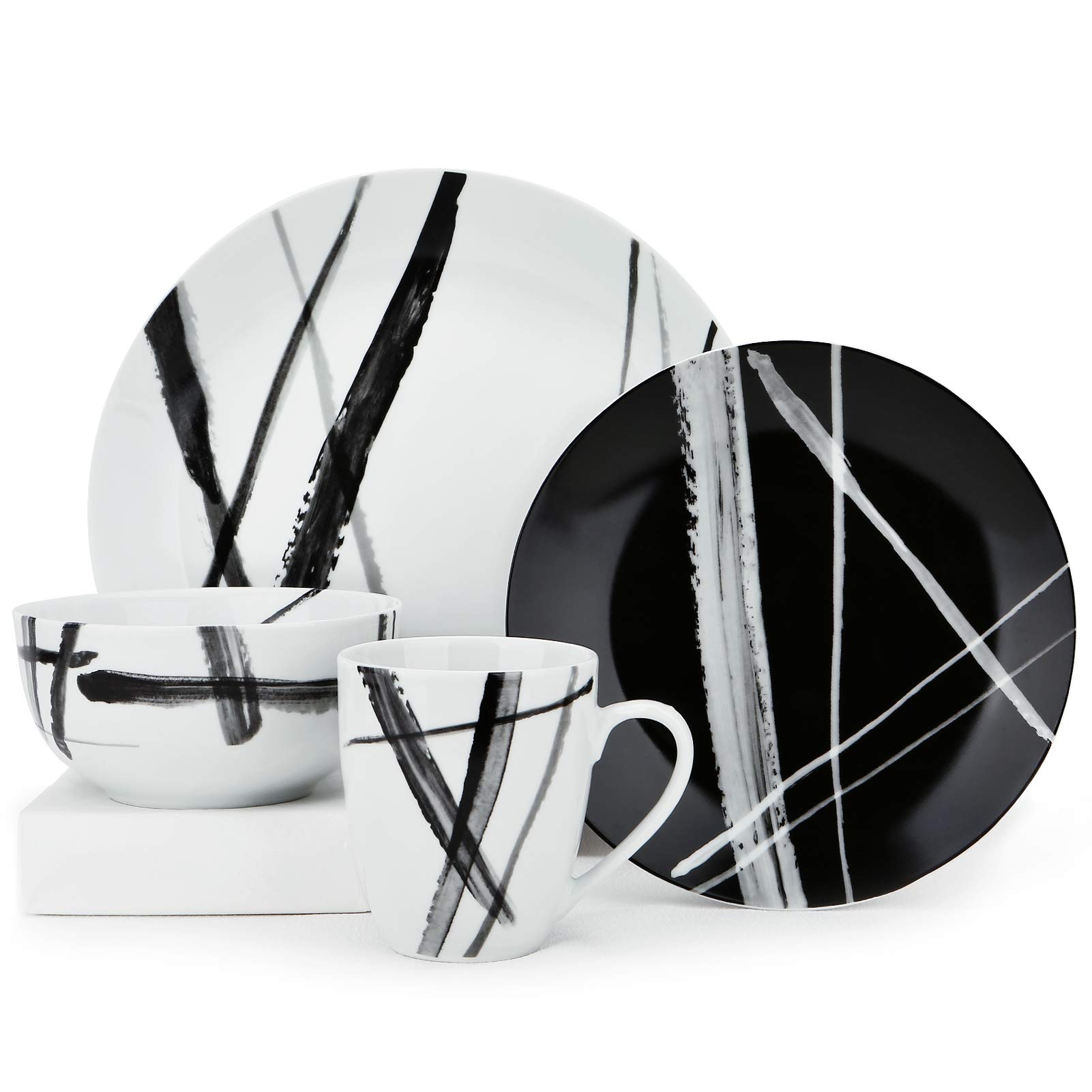 ZYAN 16 Piece Round Dinnerware Sets, Black and White Metro Stoneware Dish Set, Dishwasher Safe Plates and Bowls Sets for 4