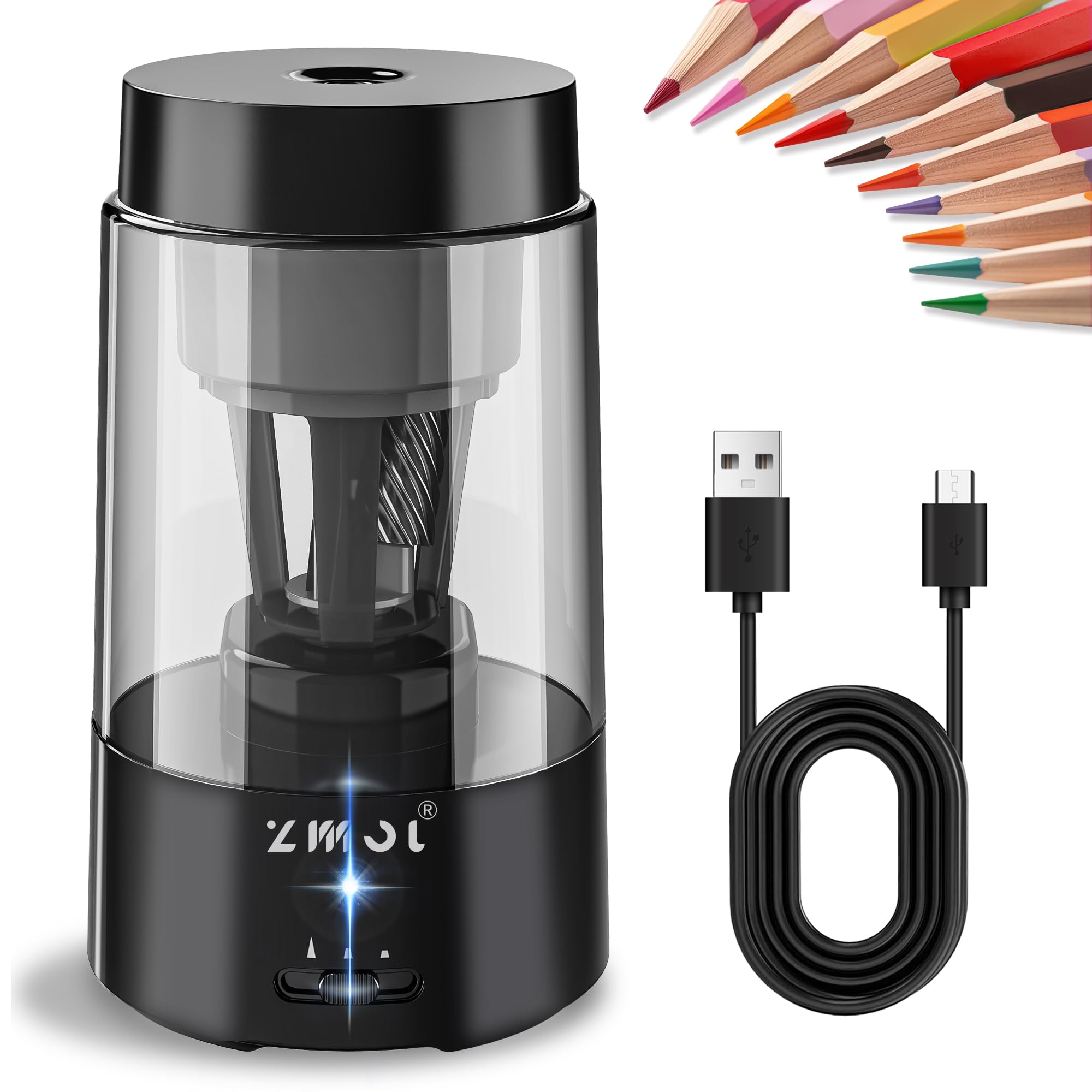 ZMOL Full Automatic Electric Pencil Sharpener, Rechargeable Pencil Sharpener with Container for Colored Pencils & Pencils(6-8mm),Auto in & Out, Portable Safe Sharpeners for Home,Office,School,Black