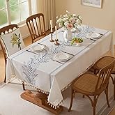 Laolitou Spring Table Cloth Rectangle Table, Embroidery Heavy Duty Cotton Linen Tablecloth, Farmhouse Rustic Waterproof Wrinkle Free Tablecloths with Tassels, Blue Fern, 55×75 Inch
