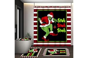 BIVIPO Christmas Bathroom Set 4-Piece, Holiday Shower Curtain with Hooks, Non-Slip Bath Mat, Toilet Lid Cover & U-Shaped Rug, Festive Bathroom Decor, 72x72 Inches