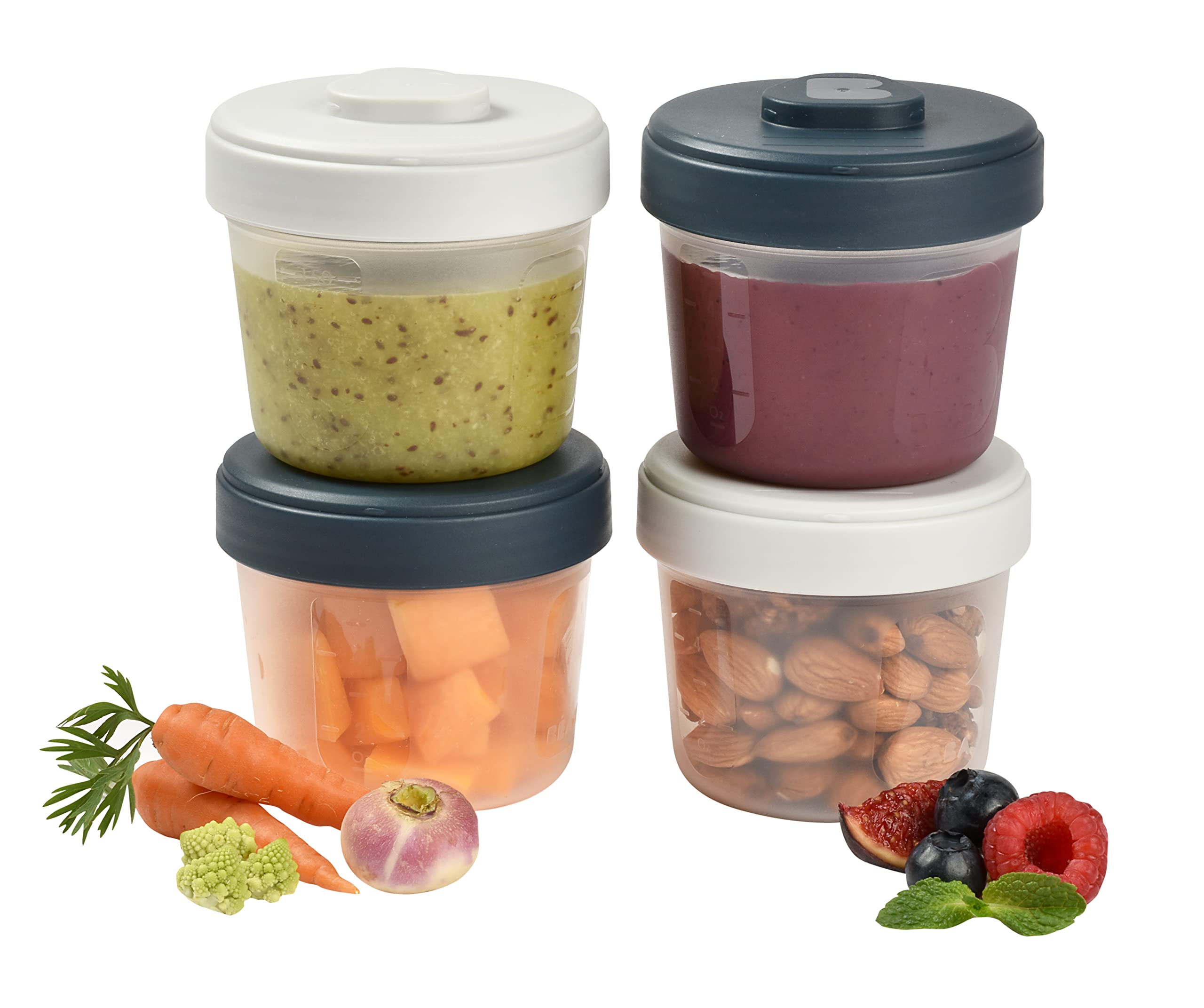 Beaba Set of 4 Storage Pots, Interlocking, Stackable and Linkable pots, 100% Airtight, Measuring Gauge, Freezable, Breastmilk Storage, 4x150ml, Grey/Blue