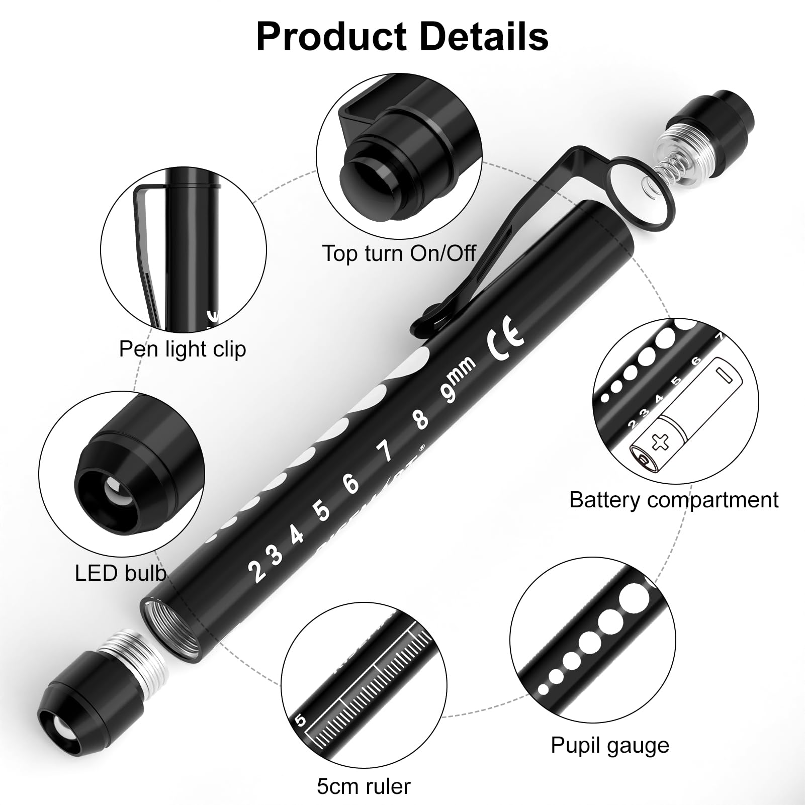 RISEMART Pen Light, Nurse Led Medical Penlight with Pupil Gauge for Nursing Students Doctors Black and Silver with Batteries