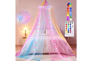 Lovelite Bed Canopy for Girls with Lights, Rainbow Canopy Bed Curtain with 24 Colors Changing Star String Lights, Dome Princess Canopy for Girls Room Twin Full Queen King Kids Bed Decor