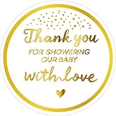 Cwzidyq 120 Pcs Baby Shower Thank You Stickers, Thank You for Showering Our Baby with Love Stickers, Self-Adhesive Round Gold Sticker Labels for Babies Shower, Envelope Seals, Party Favors