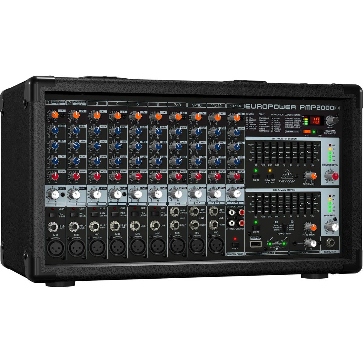 Behringer EUROPOWER PMP2000D Mezclador autoamplificado de 14 canales, 2000 vatios, con procesador multiefectos Klark Teknik y opción inalámbrica