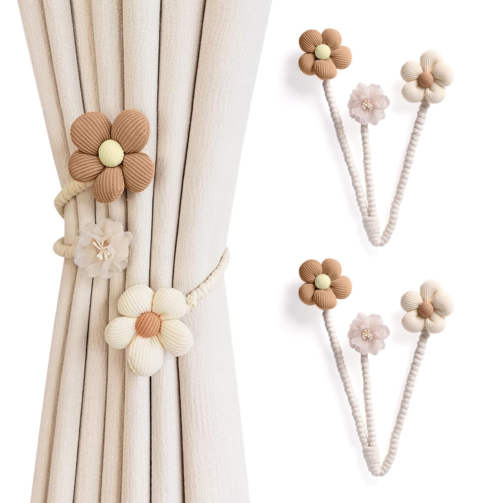 Dalababa Flexible Curtain Tie Backs, 2 Pcs Flower Shaped Curtain Tiebacks, Twist Drapery Holdbacks Binding Ropes for Home Decor (Beige & Coffee)
